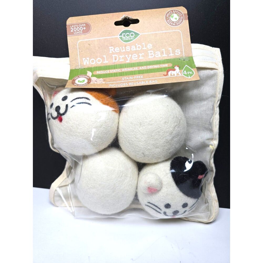 Wool Dryer Balls Cat Kitty 4 Pack Eco Logical Reusable Eco Friendly Laundry